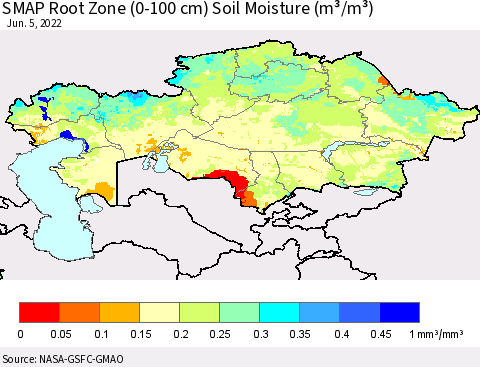 Kazakhstan SMAP Root Zone (0-100 cm) Soil Moisture (m³/m³) Thematic Map For 6/1/2022 - 6/5/2022