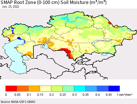 Kazakhstan SMAP Root Zone (0-100 cm) Soil Moisture (m³/m³) Thematic Map For 6/21/2022 - 6/25/2022