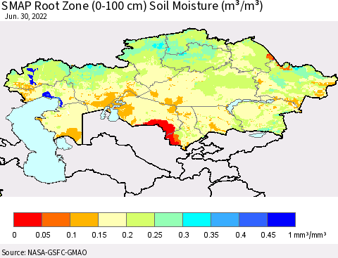 Kazakhstan SMAP Root Zone (0-100 cm) Soil Moisture (m³/m³) Thematic Map For 6/26/2022 - 6/30/2022