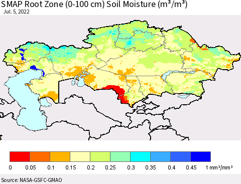 Kazakhstan SMAP Root Zone (0-100 cm) Soil Moisture (m³/m³) Thematic Map For 7/1/2022 - 7/5/2022