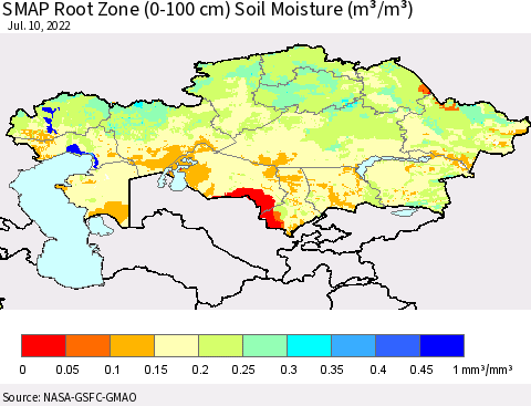 Kazakhstan SMAP Root Zone (0-100 cm) Soil Moisture (m³/m³) Thematic Map For 7/6/2022 - 7/10/2022