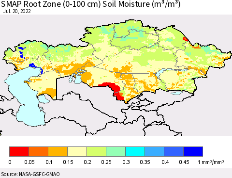 Kazakhstan SMAP Root Zone (0-100 cm) Soil Moisture (m³/m³) Thematic Map For 7/16/2022 - 7/20/2022