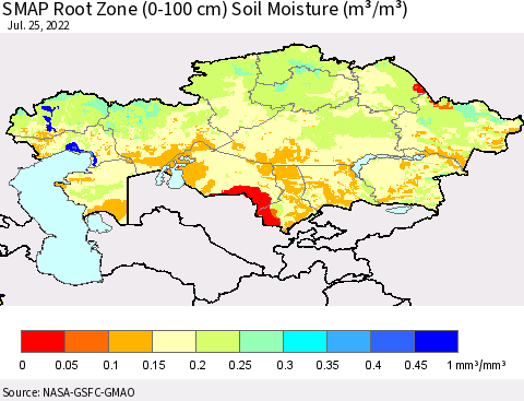 Kazakhstan SMAP Root Zone (0-100 cm) Soil Moisture (m³/m³) Thematic Map For 7/21/2022 - 7/25/2022