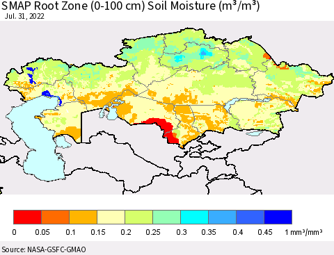 Kazakhstan SMAP Root Zone (0-100 cm) Soil Moisture (m³/m³) Thematic Map For 7/26/2022 - 7/31/2022