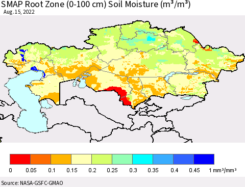 Kazakhstan SMAP Root Zone (0-100 cm) Soil Moisture (m³/m³) Thematic Map For 8/11/2022 - 8/15/2022