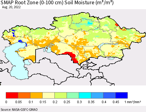 Kazakhstan SMAP Root Zone (0-100 cm) Soil Moisture (m³/m³) Thematic Map For 8/16/2022 - 8/20/2022