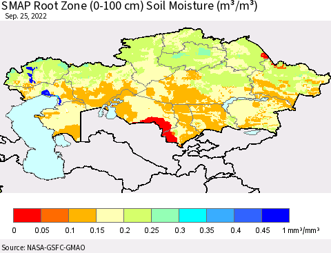 Kazakhstan SMAP Root Zone (0-100 cm) Soil Moisture (m³/m³) Thematic Map For 9/21/2022 - 9/25/2022