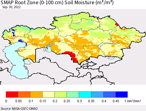Kazakhstan SMAP Root Zone (0-100 cm) Soil Moisture (m³/m³) Thematic Map For 9/26/2022 - 9/30/2022