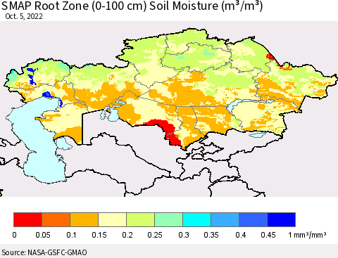 Kazakhstan SMAP Root Zone (0-100 cm) Soil Moisture (m³/m³) Thematic Map For 10/1/2022 - 10/5/2022
