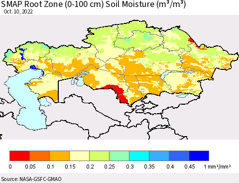 Kazakhstan SMAP Root Zone (0-100 cm) Soil Moisture (m³/m³) Thematic Map For 10/6/2022 - 10/10/2022