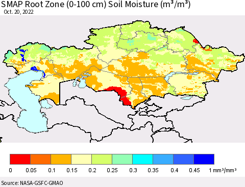 Kazakhstan SMAP Root Zone (0-100 cm) Soil Moisture (m³/m³) Thematic Map For 10/16/2022 - 10/20/2022