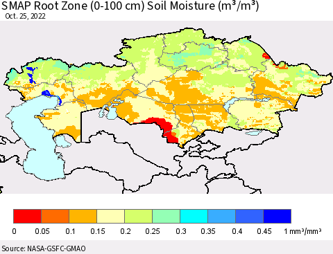 Kazakhstan SMAP Root Zone (0-100 cm) Soil Moisture (m³/m³) Thematic Map For 10/21/2022 - 10/25/2022