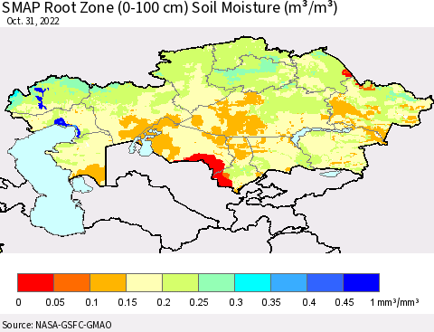 Kazakhstan SMAP Root Zone (0-100 cm) Soil Moisture (m³/m³) Thematic Map For 10/26/2022 - 10/31/2022