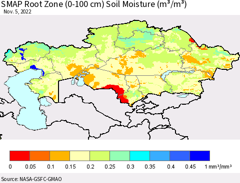 Kazakhstan SMAP Root Zone (0-100 cm) Soil Moisture (m³/m³) Thematic Map For 11/1/2022 - 11/5/2022