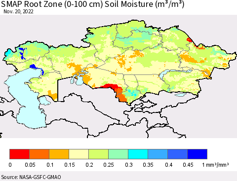 Kazakhstan SMAP Root Zone (0-100 cm) Soil Moisture (m³/m³) Thematic Map For 11/16/2022 - 11/20/2022