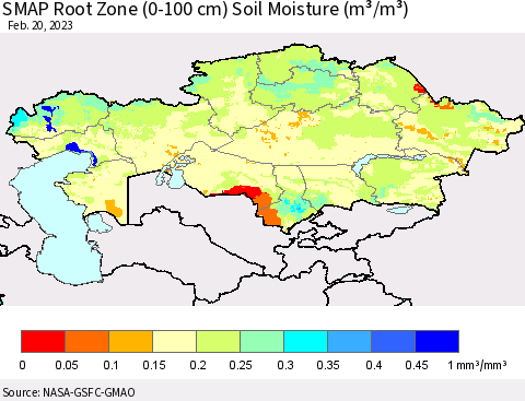 Kazakhstan SMAP Root Zone (0-100 cm) Soil Moisture (m³/m³) Thematic Map For 2/16/2023 - 2/20/2023