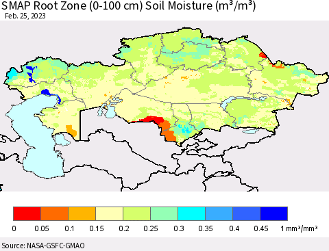 Kazakhstan SMAP Root Zone (0-100 cm) Soil Moisture (m³/m³) Thematic Map For 2/21/2023 - 2/25/2023