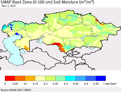 Kazakhstan SMAP Root Zone (0-100 cm) Soil Moisture (m³/m³) Thematic Map For 3/1/2023 - 3/5/2023