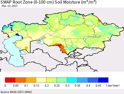 Kazakhstan SMAP Root Zone (0-100 cm) Soil Moisture (m³/m³) Thematic Map For 3/6/2023 - 3/10/2023
