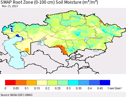 Kazakhstan SMAP Root Zone (0-100 cm) Soil Moisture (m³/m³) Thematic Map For 3/11/2023 - 3/15/2023