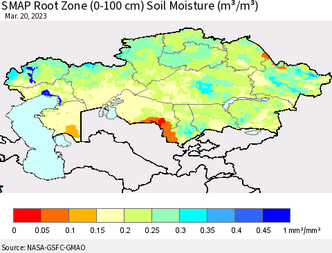 Kazakhstan SMAP Root Zone (0-100 cm) Soil Moisture (m³/m³) Thematic Map For 3/16/2023 - 3/20/2023