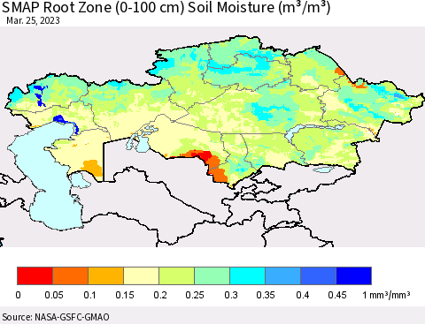 Kazakhstan SMAP Root Zone (0-100 cm) Soil Moisture (m³/m³) Thematic Map For 3/21/2023 - 3/25/2023