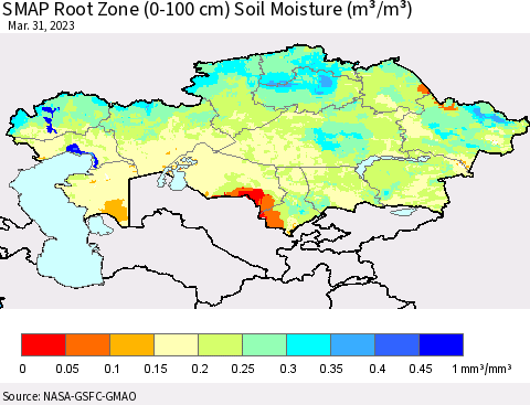 Kazakhstan SMAP Root Zone (0-100 cm) Soil Moisture (m³/m³) Thematic Map For 3/26/2023 - 3/31/2023
