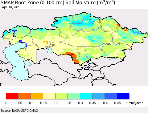 Kazakhstan SMAP Root Zone (0-100 cm) Soil Moisture (m³/m³) Thematic Map For 4/6/2023 - 4/10/2023