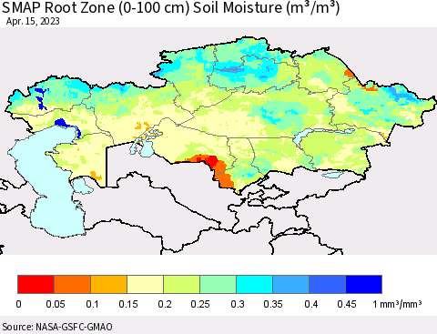 Kazakhstan SMAP Root Zone (0-100 cm) Soil Moisture (m³/m³) Thematic Map For 4/11/2023 - 4/15/2023