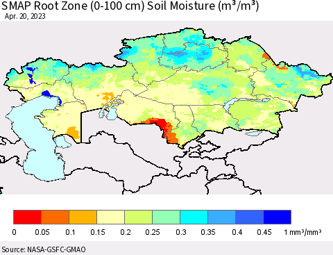Kazakhstan SMAP Root Zone (0-100 cm) Soil Moisture (m³/m³) Thematic Map For 4/16/2023 - 4/20/2023