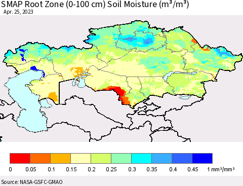 Kazakhstan SMAP Root Zone (0-100 cm) Soil Moisture (m³/m³) Thematic Map For 4/21/2023 - 4/25/2023