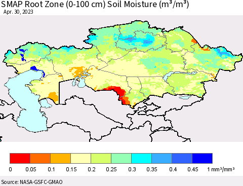 Kazakhstan SMAP Root Zone (0-100 cm) Soil Moisture (m³/m³) Thematic Map For 4/26/2023 - 4/30/2023