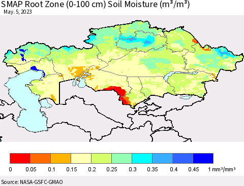 Kazakhstan SMAP Root Zone (0-100 cm) Soil Moisture (m³/m³) Thematic Map For 5/1/2023 - 5/5/2023