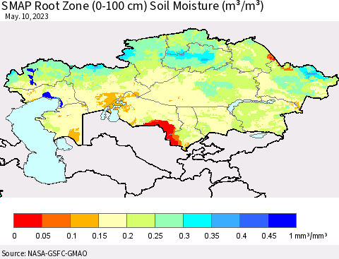 Kazakhstan SMAP Root Zone (0-100 cm) Soil Moisture (m³/m³) Thematic Map For 5/6/2023 - 5/10/2023
