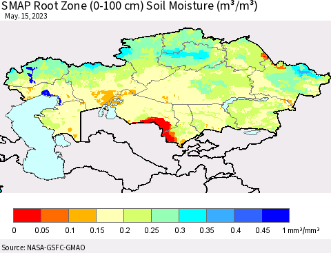 Kazakhstan SMAP Root Zone (0-100 cm) Soil Moisture (m³/m³) Thematic Map For 5/11/2023 - 5/15/2023