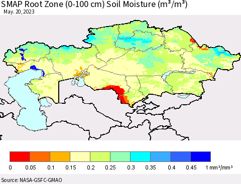 Kazakhstan SMAP Root Zone (0-100 cm) Soil Moisture (m³/m³) Thematic Map For 5/16/2023 - 5/20/2023