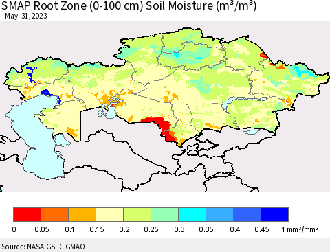 Kazakhstan SMAP Root Zone (0-100 cm) Soil Moisture (m³/m³) Thematic Map For 5/26/2023 - 5/31/2023