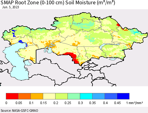 Kazakhstan SMAP Root Zone (0-100 cm) Soil Moisture (m³/m³) Thematic Map For 6/1/2023 - 6/5/2023