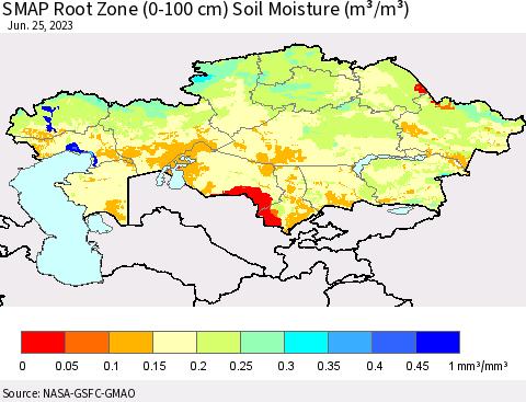 Kazakhstan SMAP Root Zone (0-100 cm) Soil Moisture (m³/m³) Thematic Map For 6/21/2023 - 6/25/2023