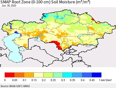 Kazakhstan SMAP Root Zone (0-100 cm) Soil Moisture (m³/m³) Thematic Map For 6/26/2023 - 6/30/2023