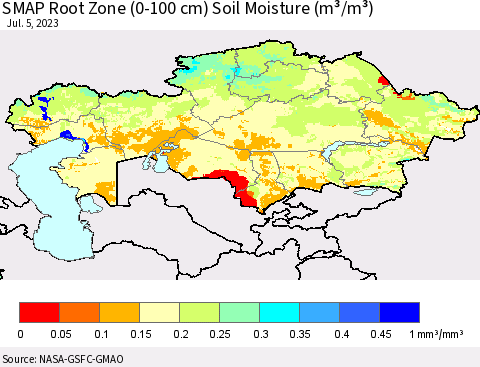 Kazakhstan SMAP Root Zone (0-100 cm) Soil Moisture (m³/m³) Thematic Map For 7/1/2023 - 7/5/2023