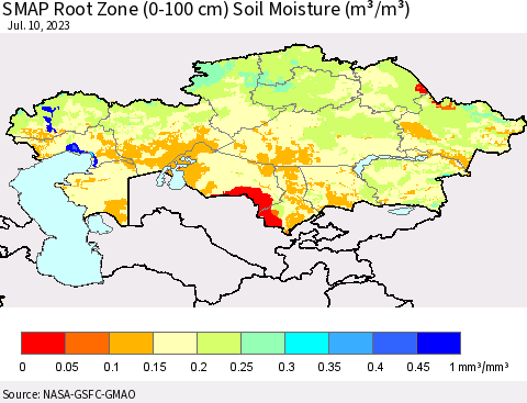 Kazakhstan SMAP Root Zone (0-100 cm) Soil Moisture (m³/m³) Thematic Map For 7/6/2023 - 7/10/2023