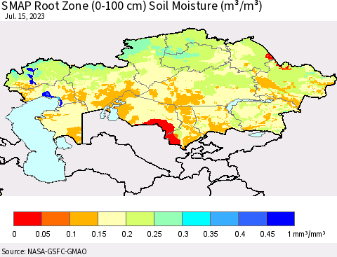 Kazakhstan SMAP Root Zone (0-100 cm) Soil Moisture (m³/m³) Thematic Map For 7/11/2023 - 7/15/2023