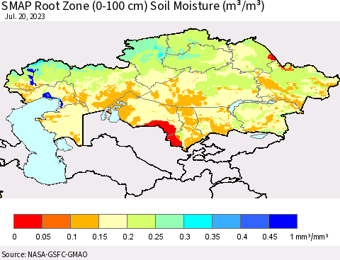 Kazakhstan SMAP Root Zone (0-100 cm) Soil Moisture (m³/m³) Thematic Map For 7/16/2023 - 7/20/2023