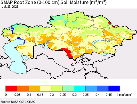 Kazakhstan SMAP Root Zone (0-100 cm) Soil Moisture (m³/m³) Thematic Map For 7/21/2023 - 7/25/2023