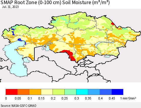 Kazakhstan SMAP Root Zone (0-100 cm) Soil Moisture (m³/m³) Thematic Map For 7/26/2023 - 7/31/2023