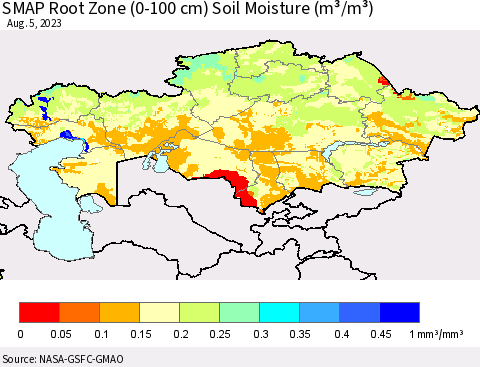 Kazakhstan SMAP Root Zone (0-100 cm) Soil Moisture (m³/m³) Thematic Map For 8/1/2023 - 8/5/2023