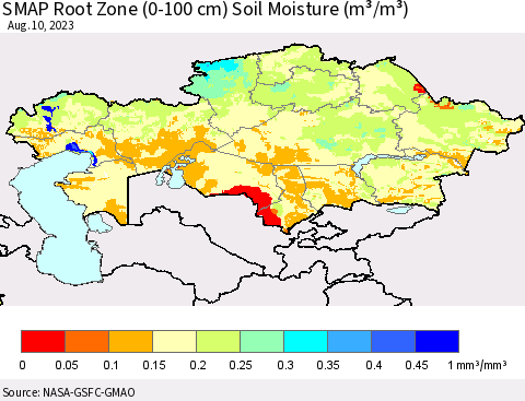 Kazakhstan SMAP Root Zone (0-100 cm) Soil Moisture (m³/m³) Thematic Map For 8/6/2023 - 8/10/2023