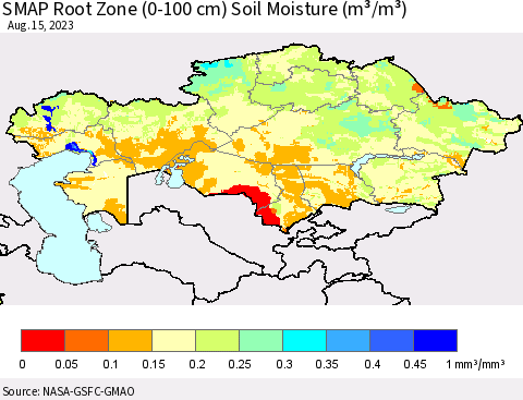 Kazakhstan SMAP Root Zone (0-100 cm) Soil Moisture (m³/m³) Thematic Map For 8/11/2023 - 8/15/2023