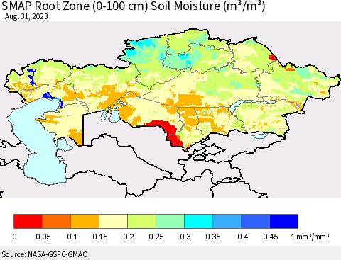 Kazakhstan SMAP Root Zone (0-100 cm) Soil Moisture (m³/m³) Thematic Map For 8/26/2023 - 8/31/2023
